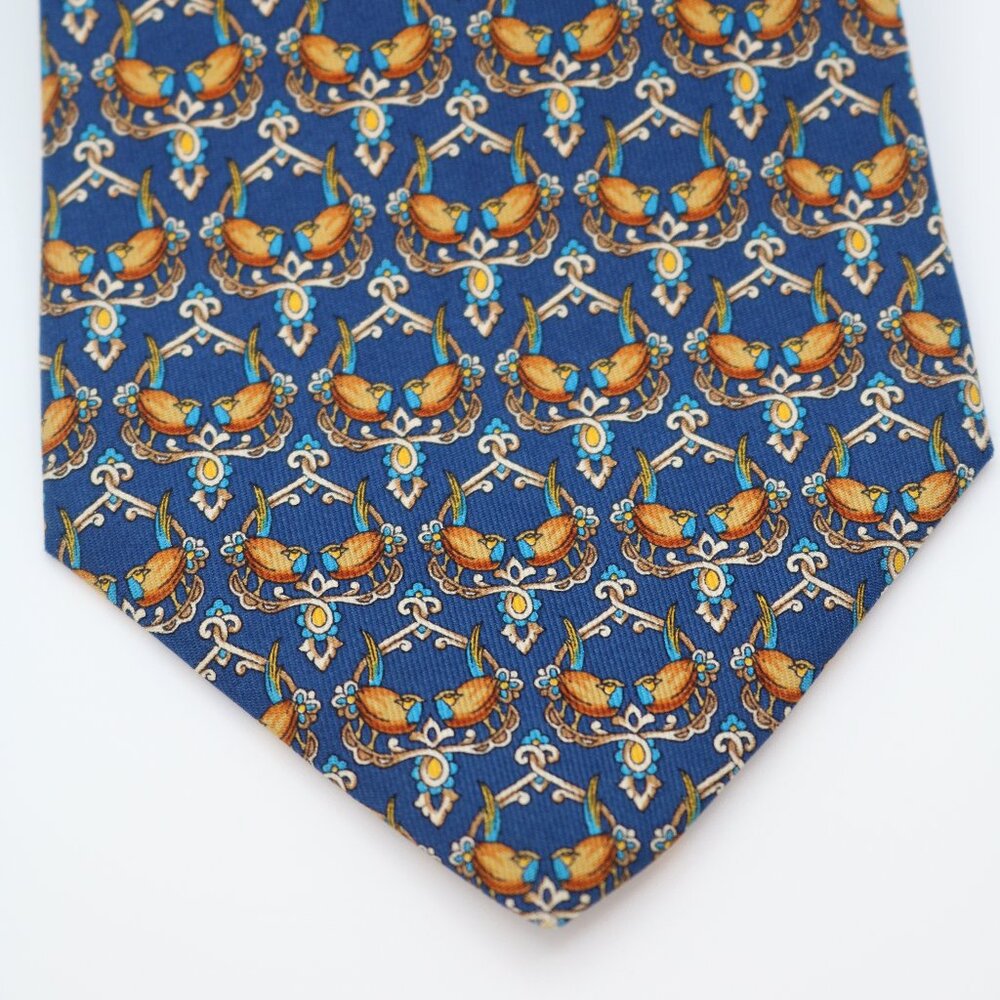 Salvatore Ferragamo ventage men's blue silk necktie with charming birds.